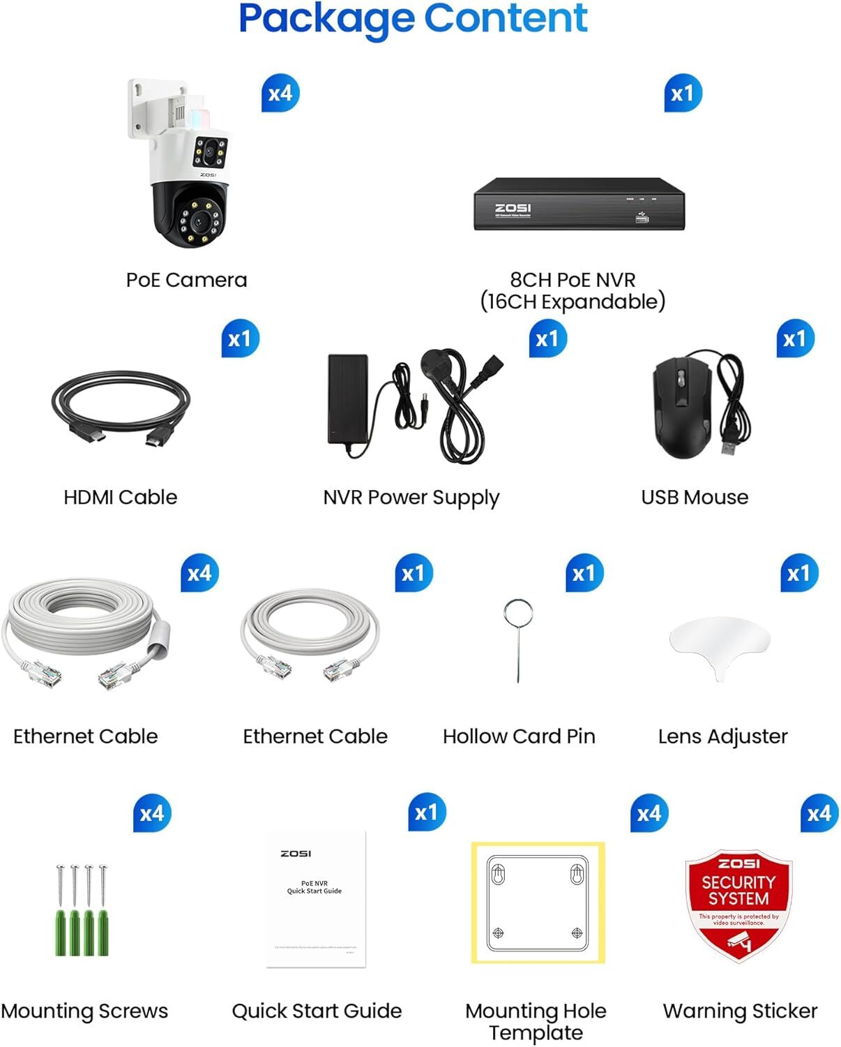 ZOSI 8CH 8MP NVR 4K Dual-Lens PoE Pan/Tilt (2x4MP) Security Camera System 2TB