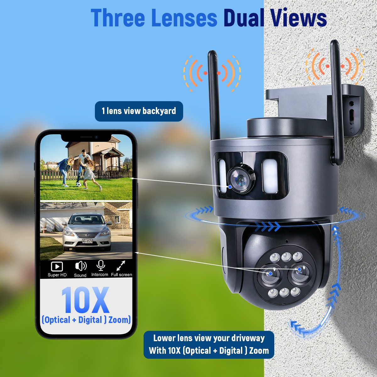 4K WiFi Triple Lens Security Camera Outdoor Home Night Vision 360° PTZ 10X Zoom