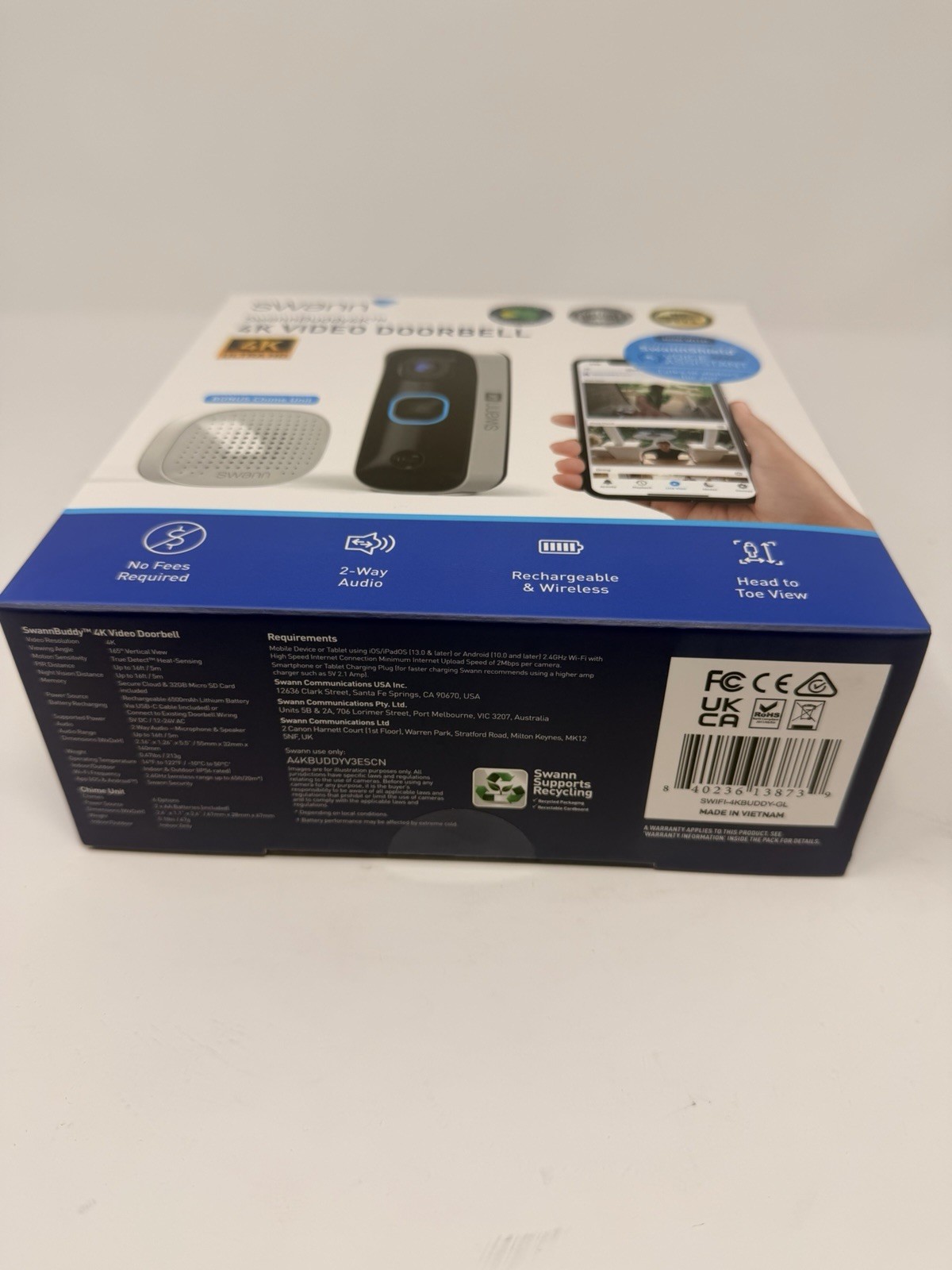 Swann Buddy4K UHD Wireless Video Doorbell & Chime Ultra-Wide 165° View Smart
