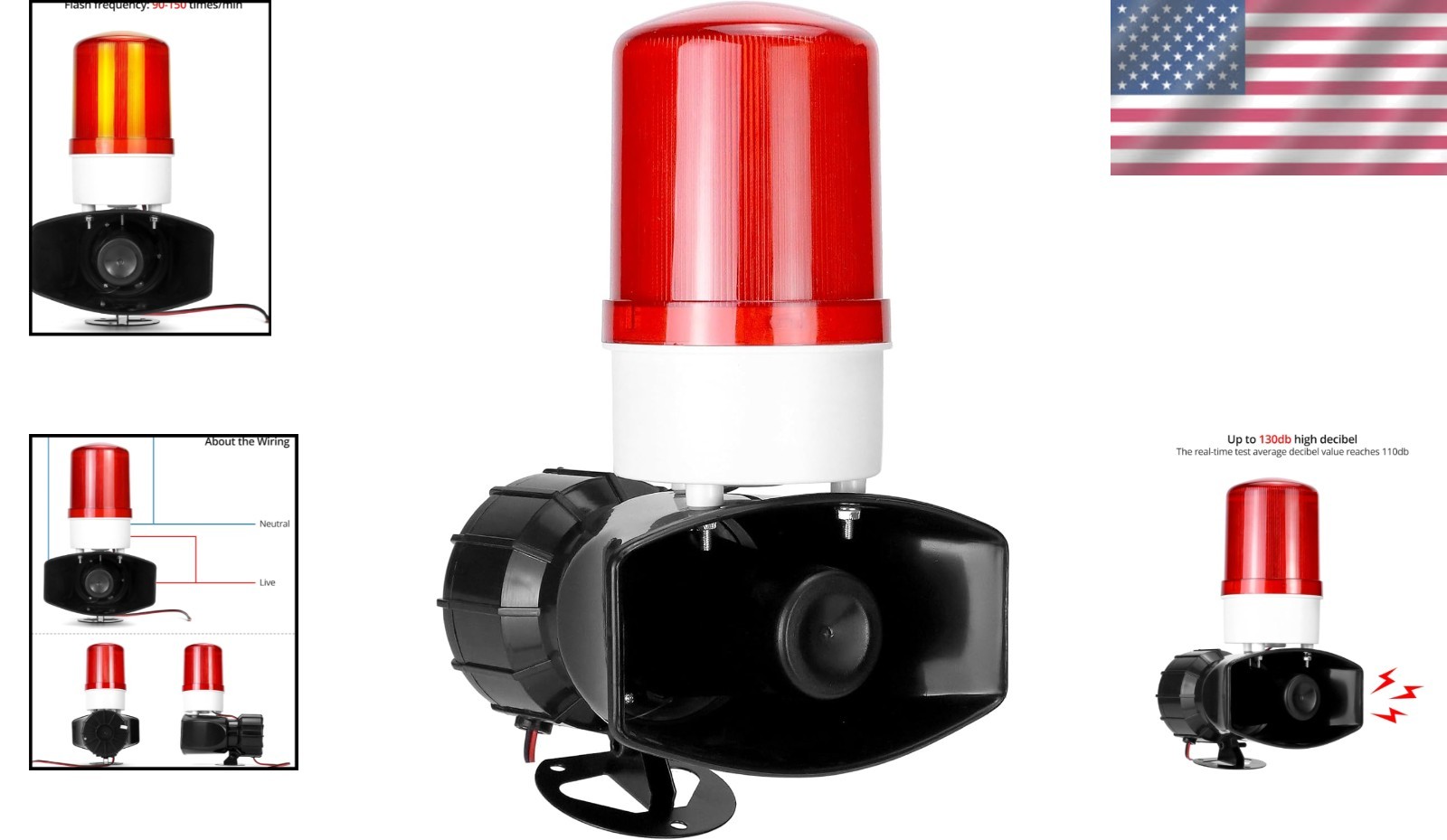 AC110V LED Alarm Siren 115dB Flashing Light 60W Warning System for Factory