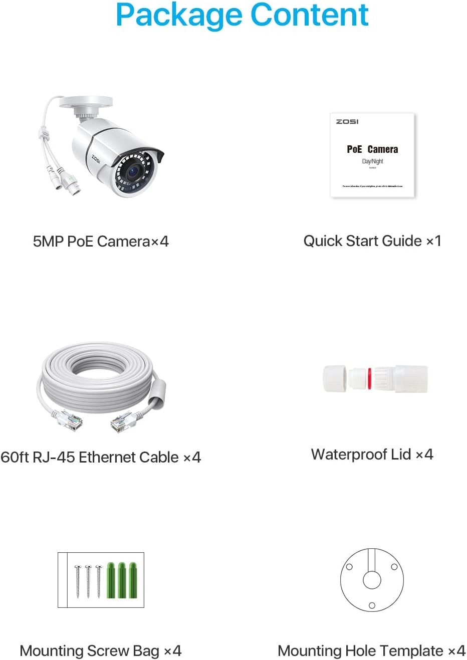 ZOSI 4PK 5MP Add-on Weatherproof POE Security Camera with Ethernet Cables