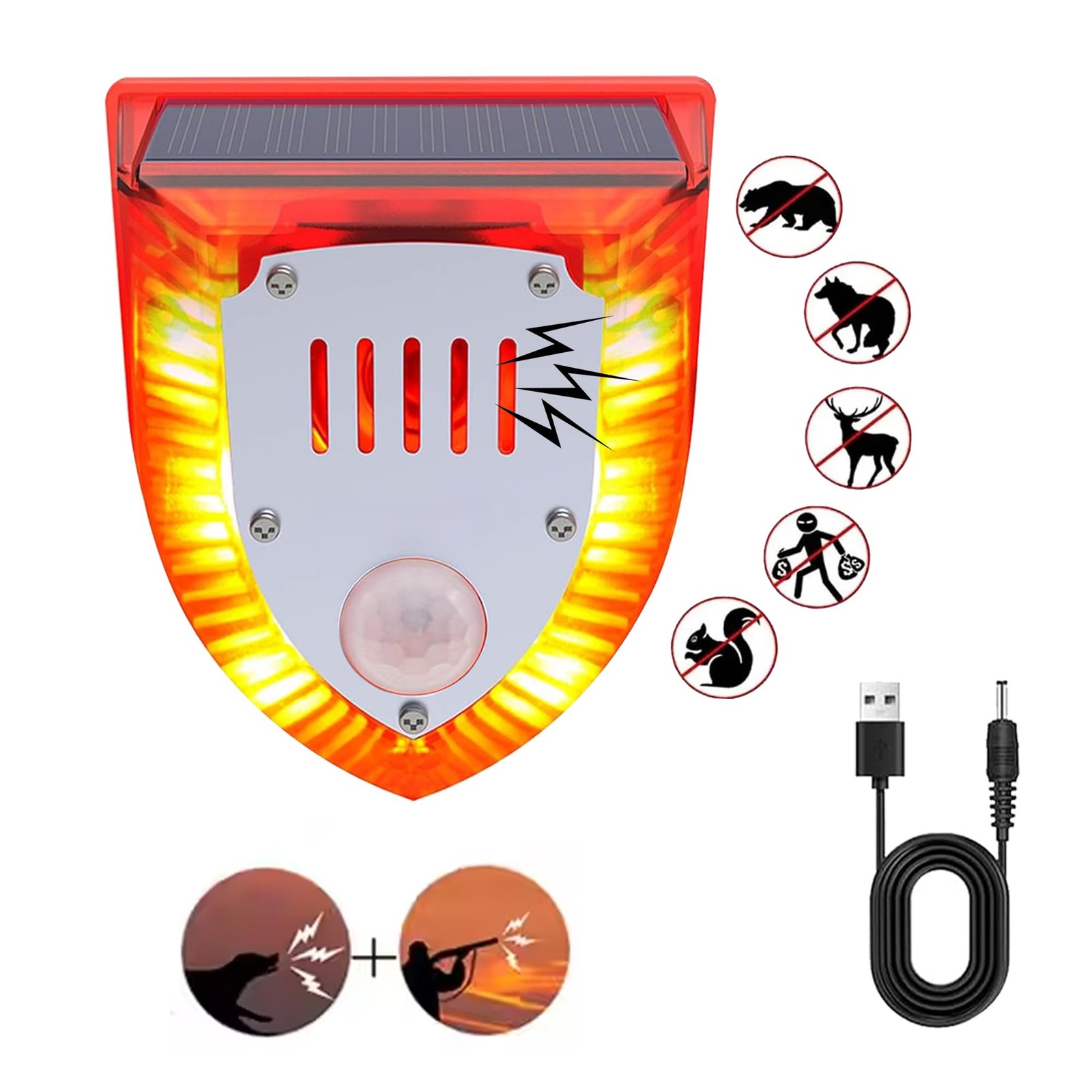 Solar Outdoor Motion Sensor Alarm 129db Dog Barking & Gunshot Sound,Loud Moti…