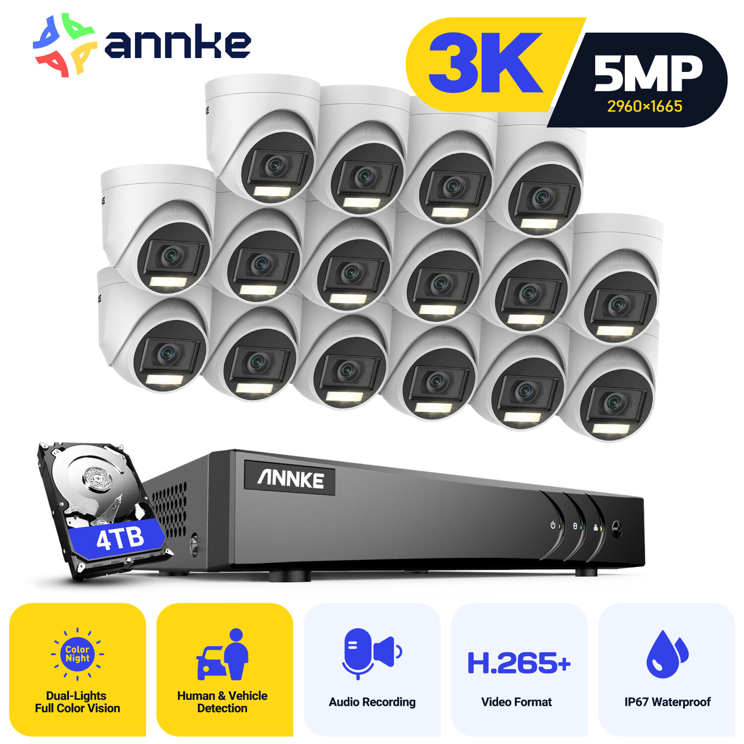 ANNKE 5MP Audio Security Camera System 16CH 5MP Lite DVR Color Night Vision IP67