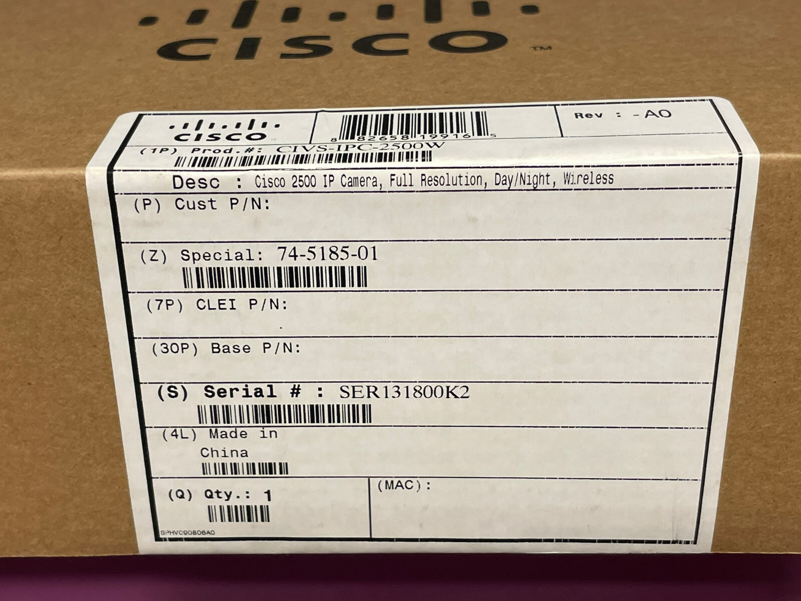 Cisco 2500 IP Camera – CIVS-IPC-2500W – Full Resolution, Day/Night, Wireless NEW