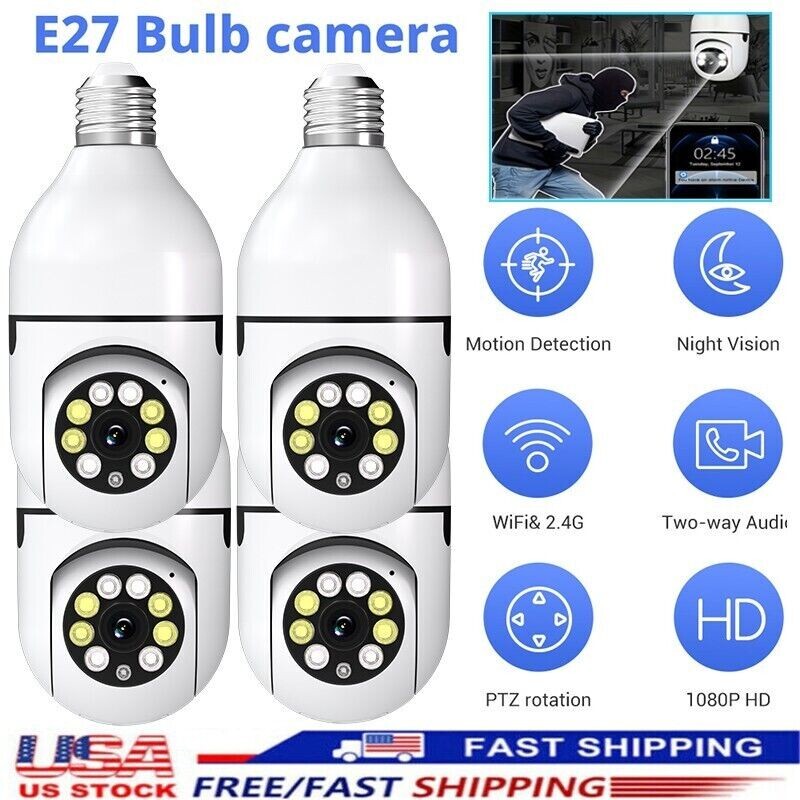 4X 360° 1080P IP E27 Light Bulb Camera WiFi IR Night SmartHome Wireless Security