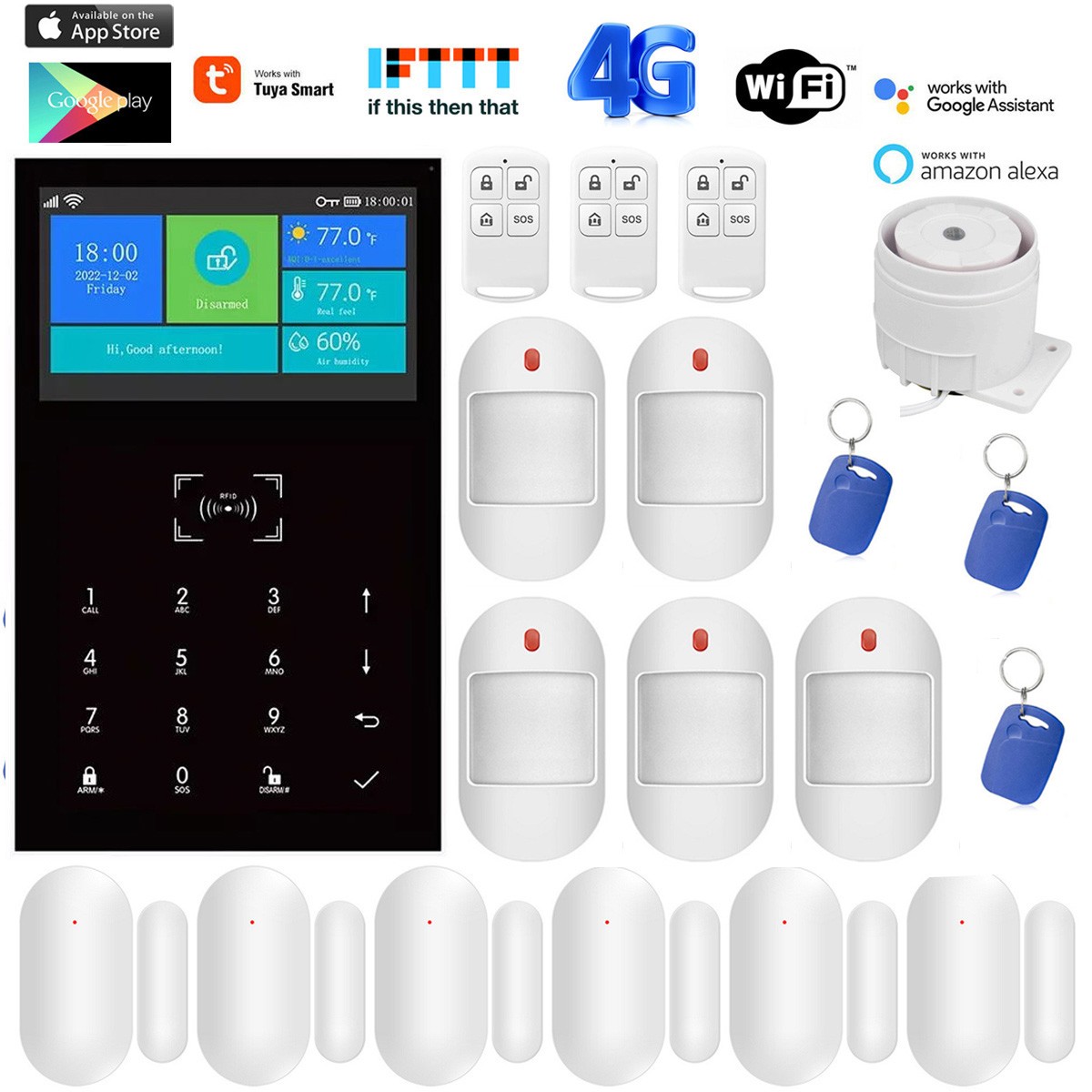 Tuya WiFi+4G GSM SMS Wireless Home Security Alarm System+Amazon Alexa+Google