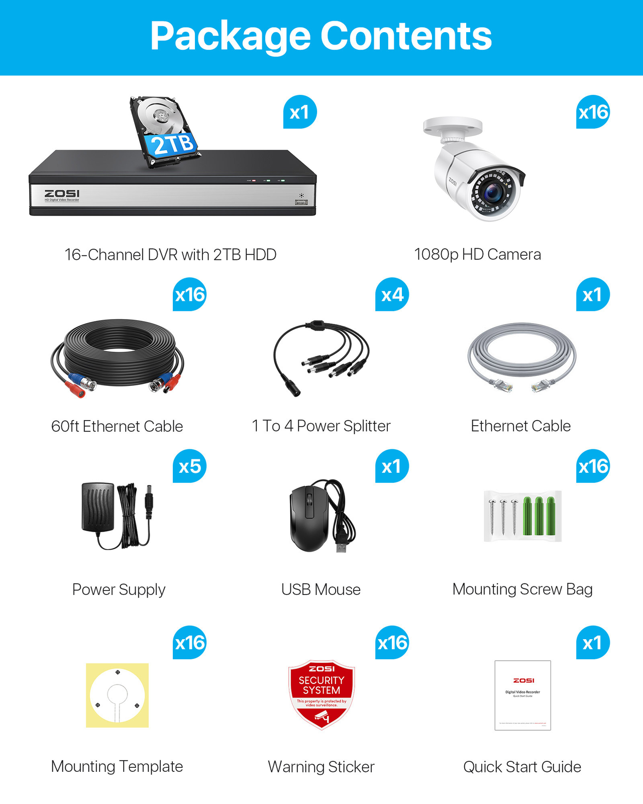 ZOSI H.265+16CH Outdoor CCTV 1080p Security Camera System 120ft Night Vision 2TB