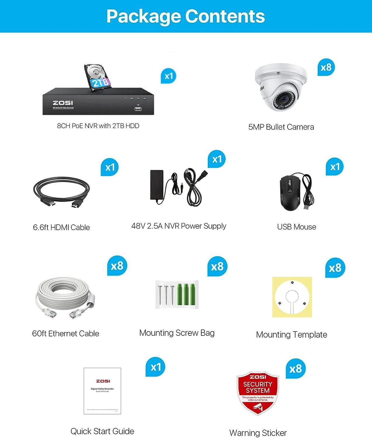 ZOSI 4K NVR 5MP PoE Camera Security CCTV System Outdoor Motion Detection 2TB HDD