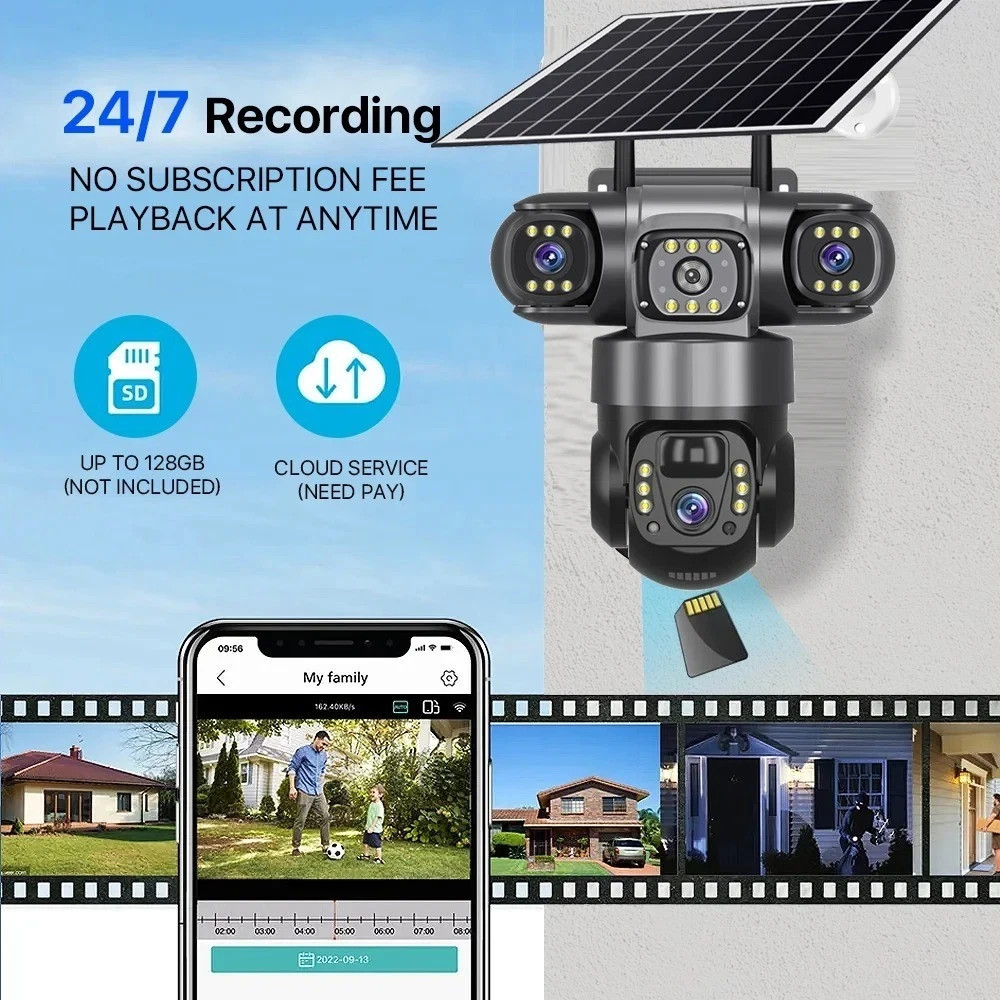 4PCS 16MP 4G SIM Solar Battery Security IP Camera Outdoor Home 4 Lens PTZ CCTV
