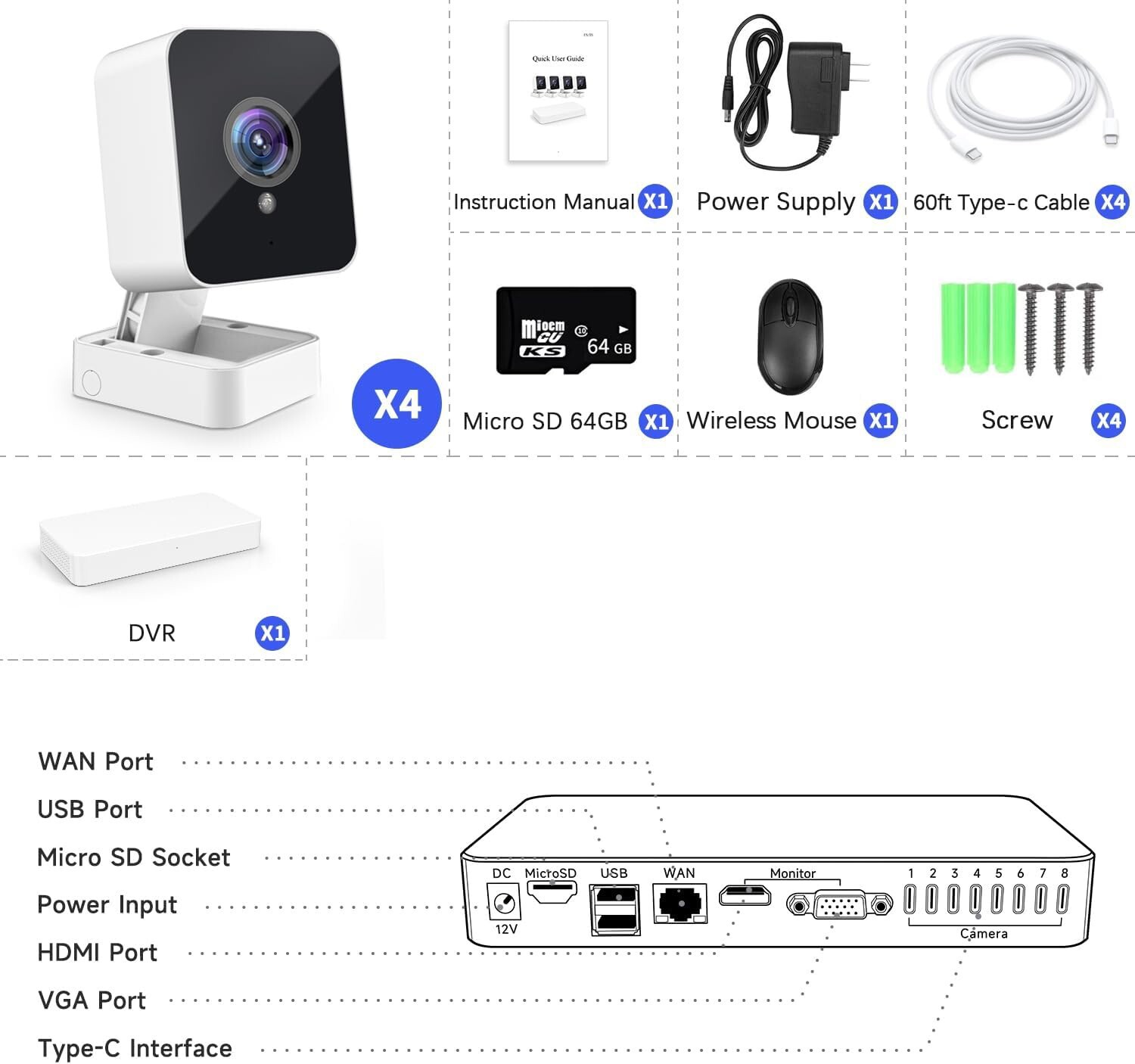 XVIM 1080P Wired Security Camera System 8CH DVR Outdoor CCTV Monitor Recorder