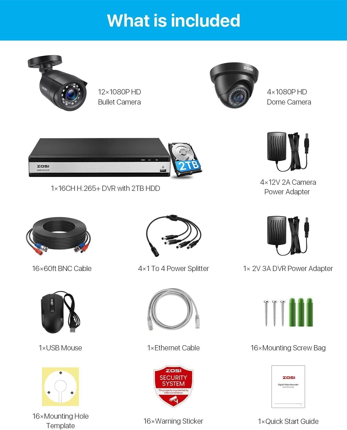 ZOSI H.265+16CH 2TB HDD 16PK 1080P Full HD Outdoor Security Cameras System 80ft