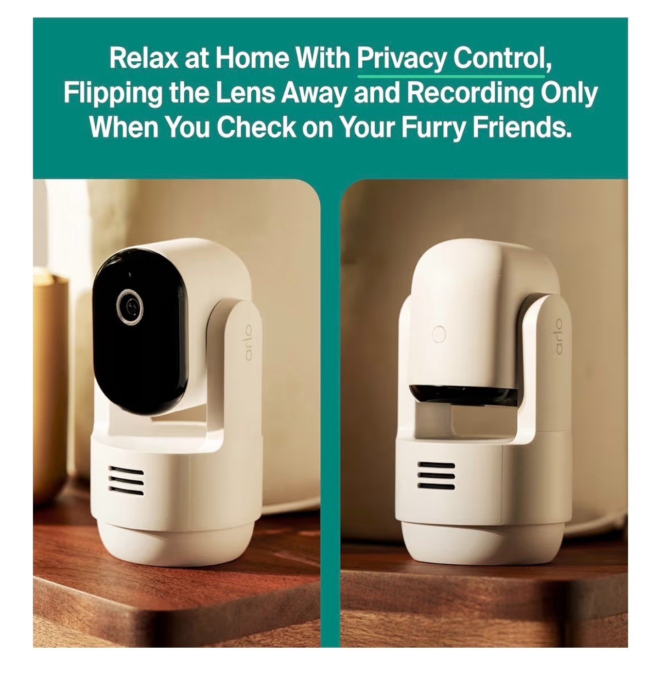 ARLO Essential-indoor pet camera with pan and tilt, 2K. Made in Vietnam.
