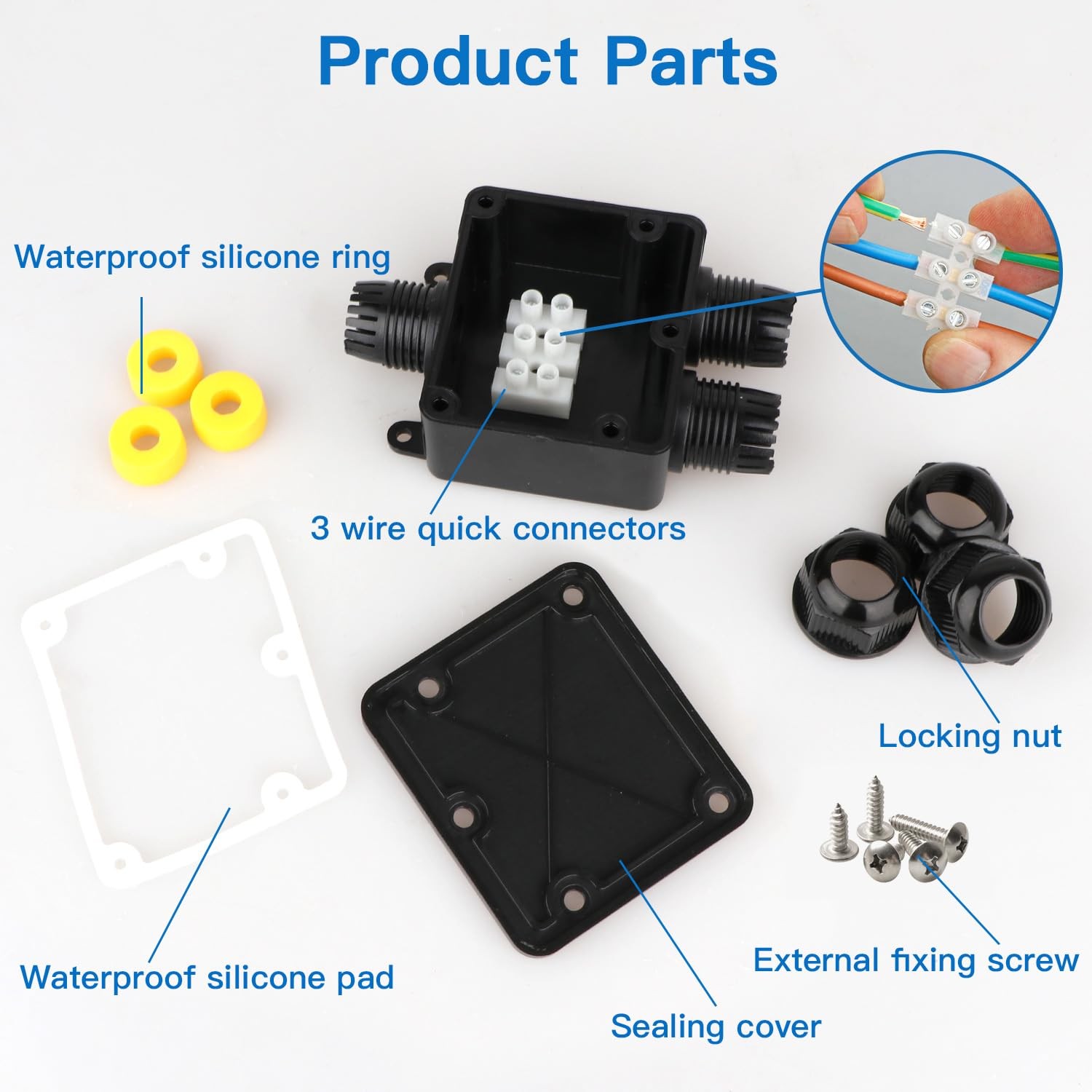 Helunsi 2 Pcs Waterproof Junction Box 3 Way, IP68 Small, Black-2 Pack