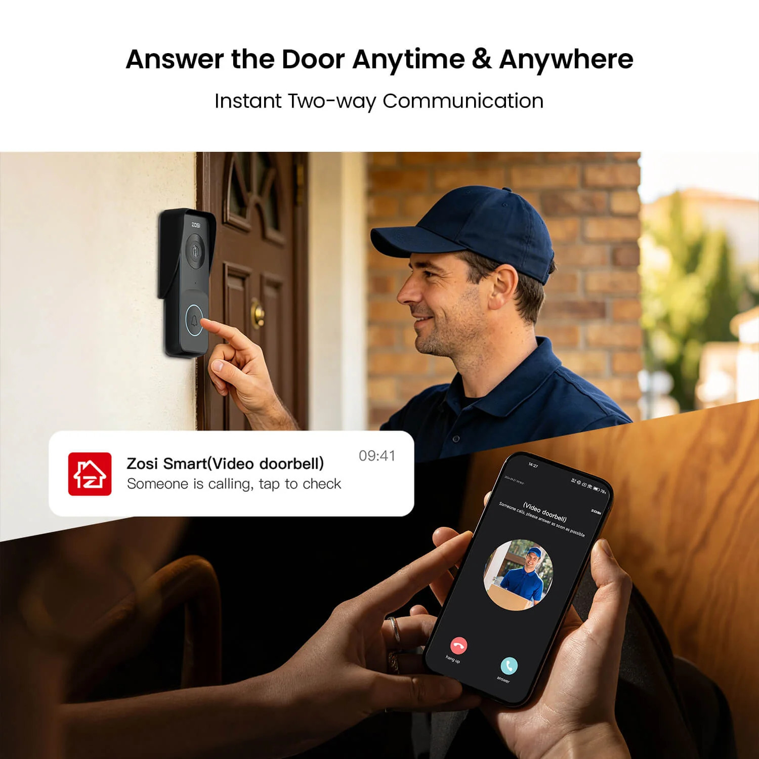 ZOSI 2.5K 5G WiFi Video Door Bell Camera Chime Doorbell Smart Person Detection