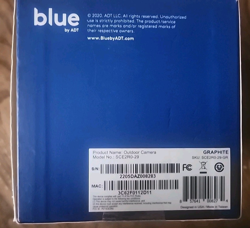Blue By ADT Outdoor Camera, Model# SCE2R0-29-GR Graphite Open Box