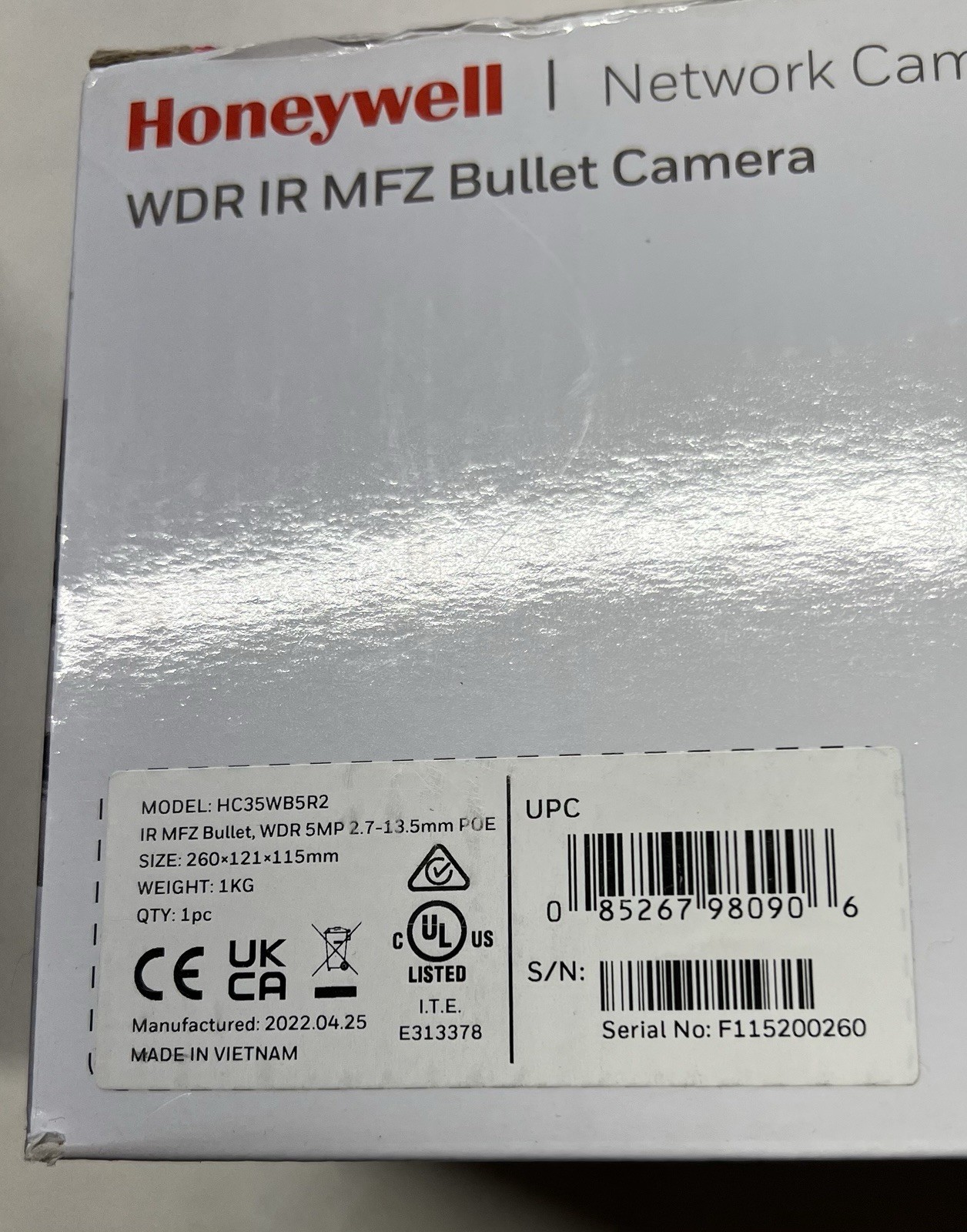 Honeywell HC35WB5R2 WDR IR IP Bullet Camera PoE Outdoor/Indoor White