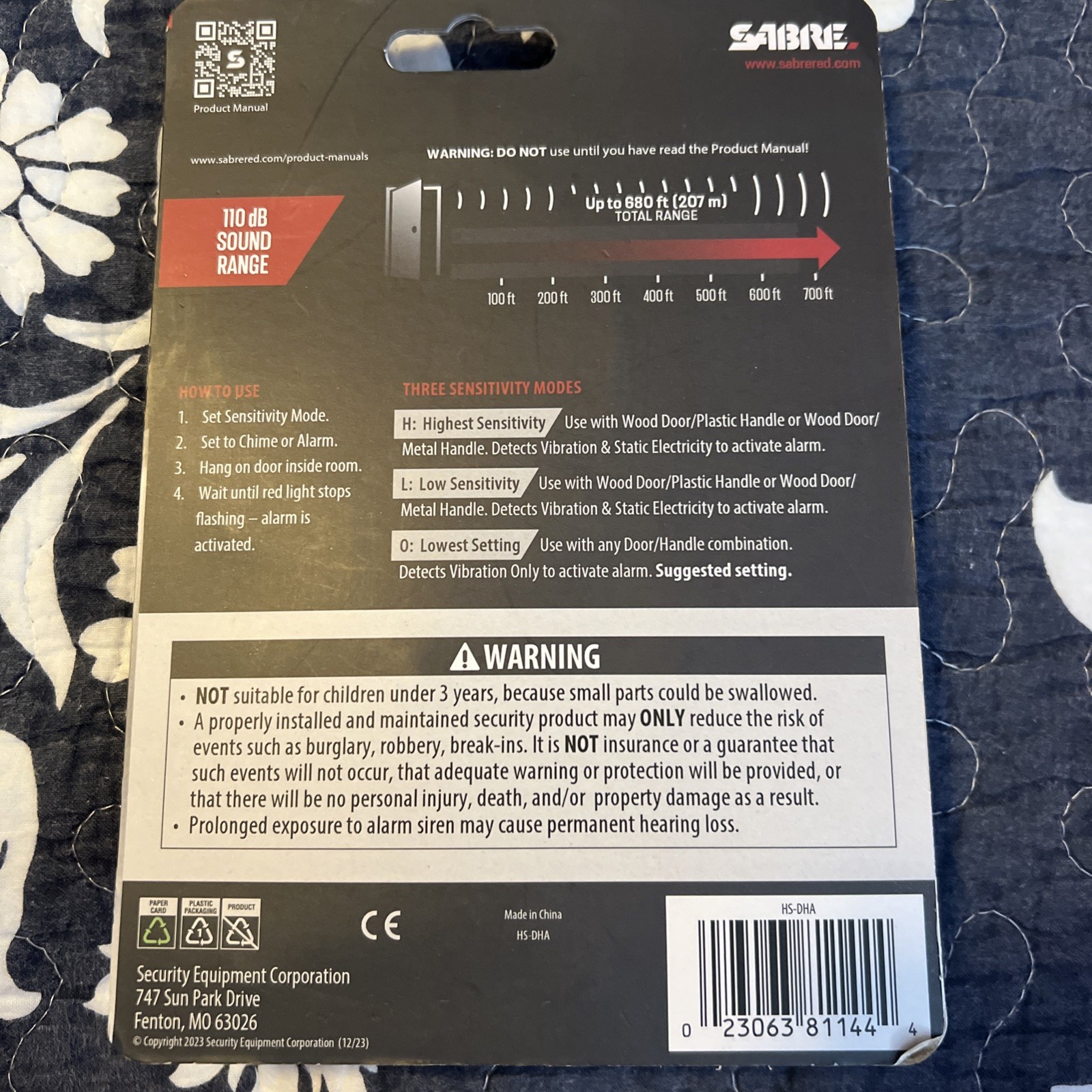 Sabre Door Handle Security Alarm 110dB Audible, Over 600ft Movement Activated