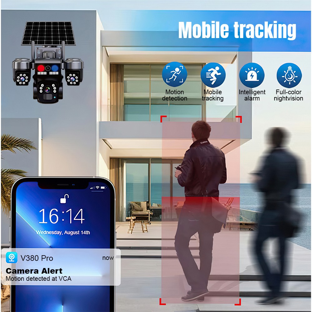 Solar Battery Powered Wireless WiFi Outdoor Pan/Tilt Home Security Camera System