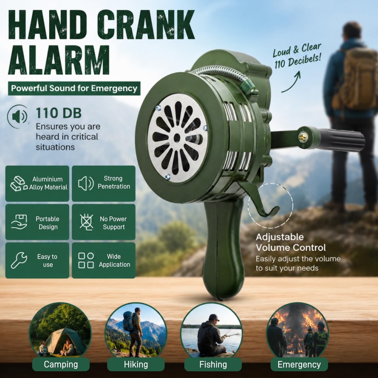 110 DB Hand Crank Siren Horn with Foldable Handle, Portable
