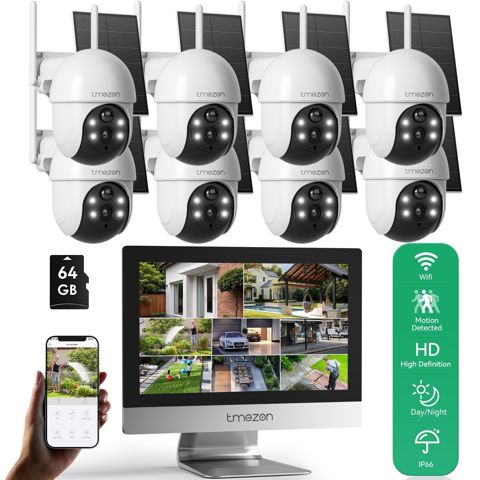 TMEZON 4MP Solar Battery PTZ Wireless Wifi Security Camera System 12” Monitor
