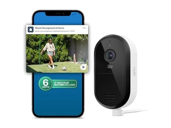 Arlo Essential 2K Camera White Wired Plug-In Outdoor WiFi + 6Mo Plan