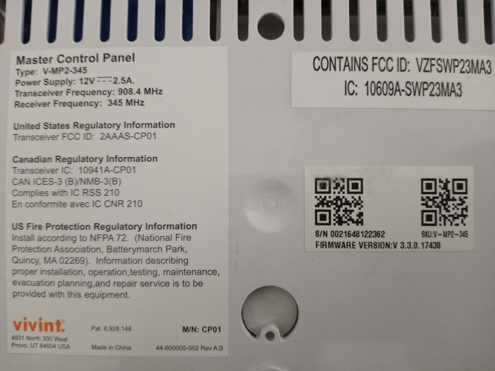 Vivint Smart Home V-MP1-345 Master Control Panel Security. Untested