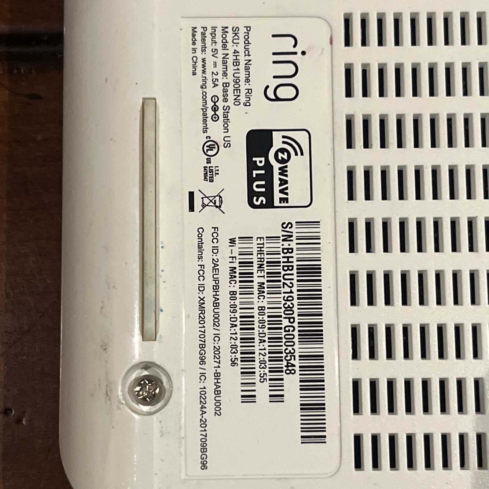 RING Z WAVE PLUS 4HB1U9-0EN0 ALARM BASE STATION AND KEYPAD