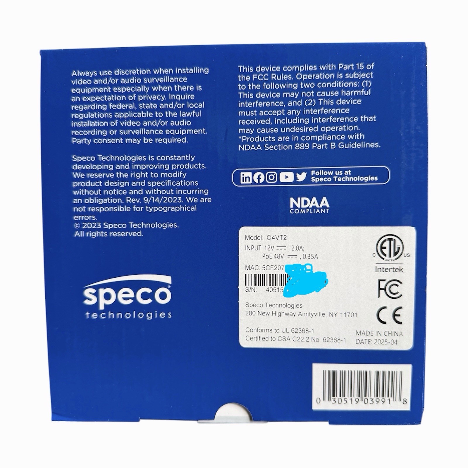 Speco O4VT2 4MP H.265 IP Turret Camera with Junction Box, NDAA Compliant, 2.8mm