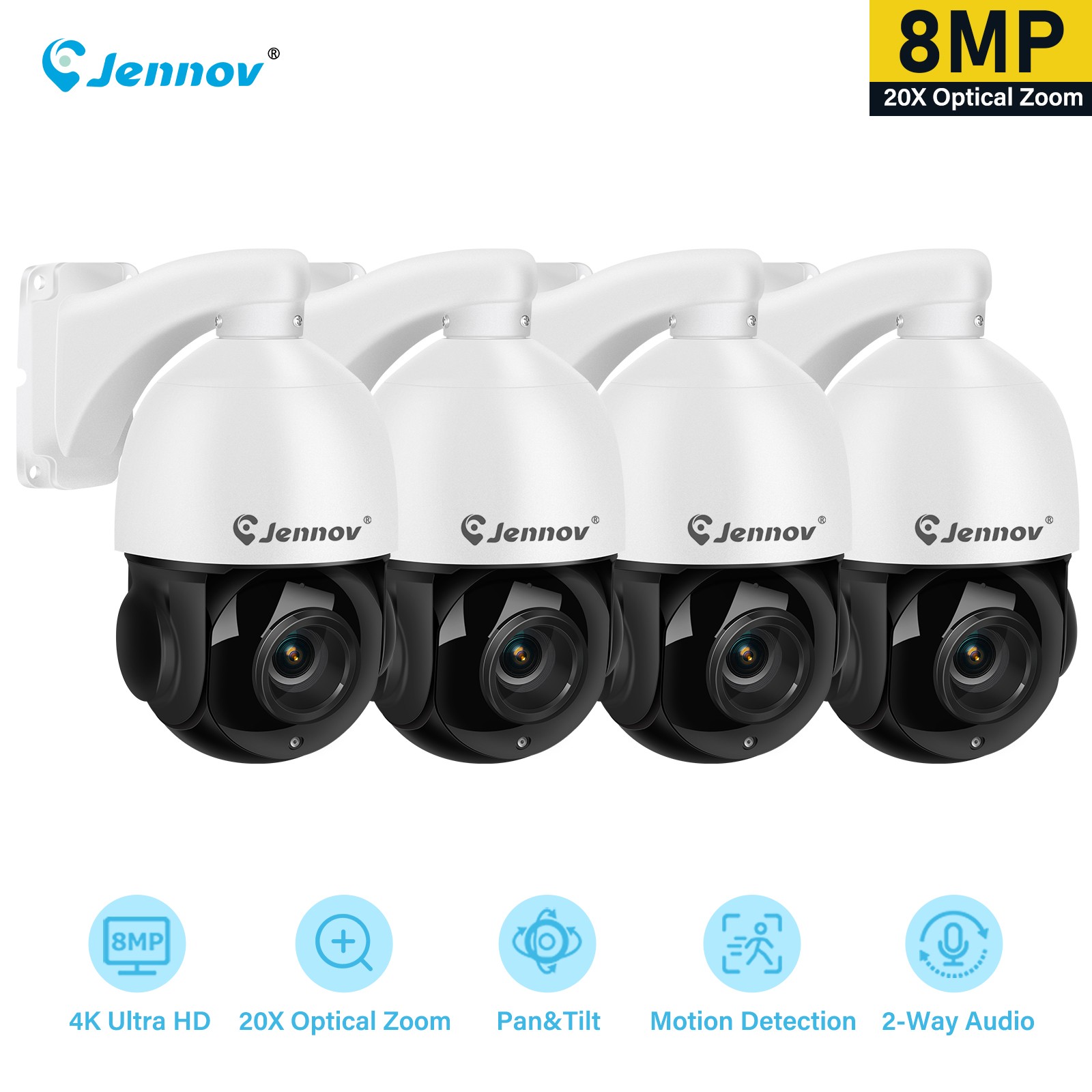 JENNOV 4Pack 4K 8MP PoE IP Pan/Tilt Add-on Security Camera Outdoor With Cable