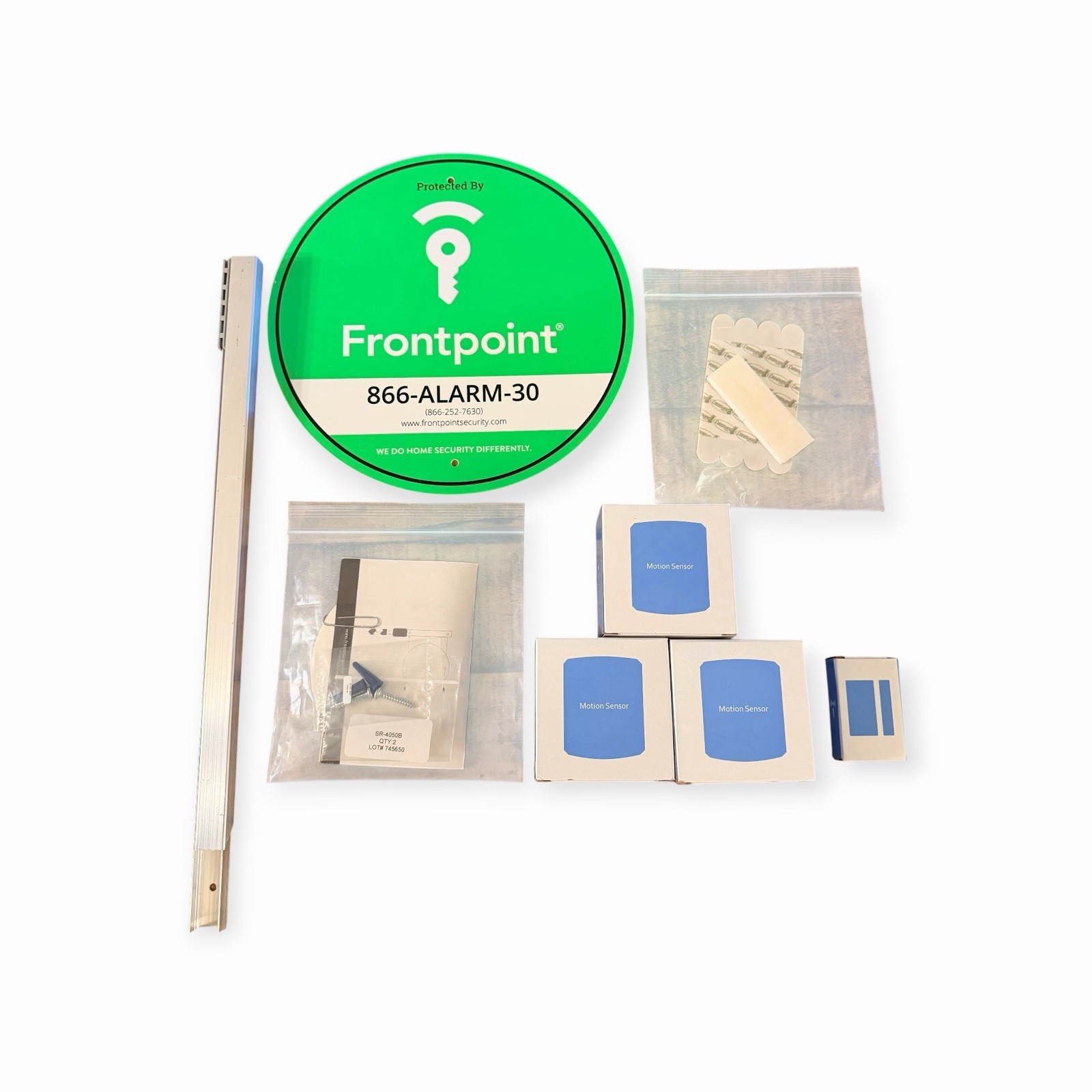 Frontpoint Home Security System Lot – 3 Motion Sensors, 1 Door Sensor, Yard Sign