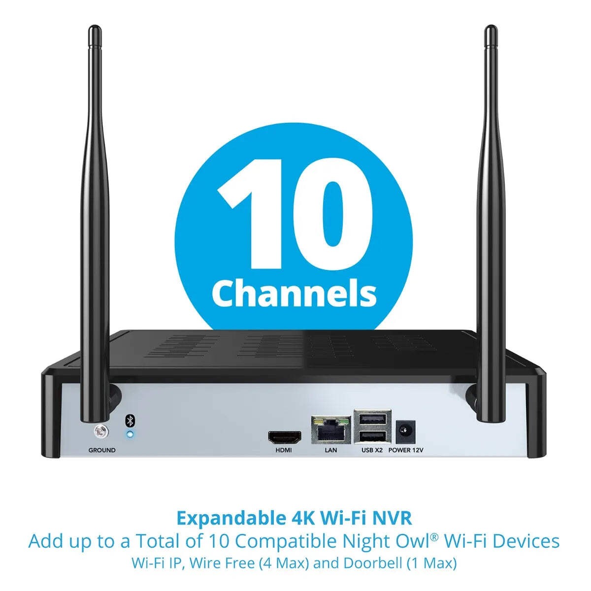 10 Channel 4K Bluetooth Wi-Fi NVR with 1TB Hard Drive and 3 Wire Free (Battery)