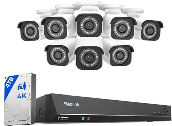 4K Security Camera System, RLK16-800B8 8pcs H.265 PoE Wired with Person
