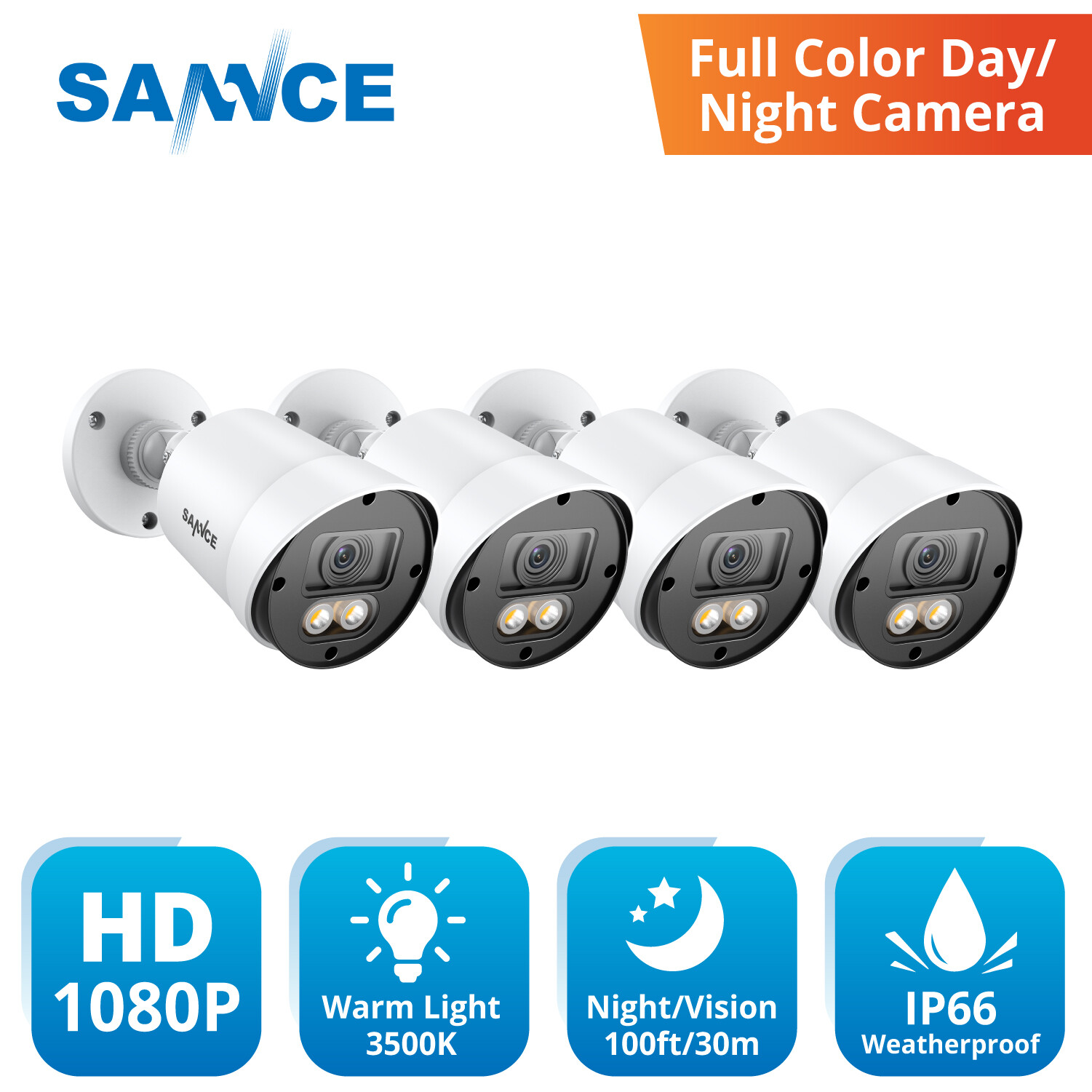 SANNCE 4pcs HD 1080P Security Camera 2MP Full Color Night Vision LED Warm Light