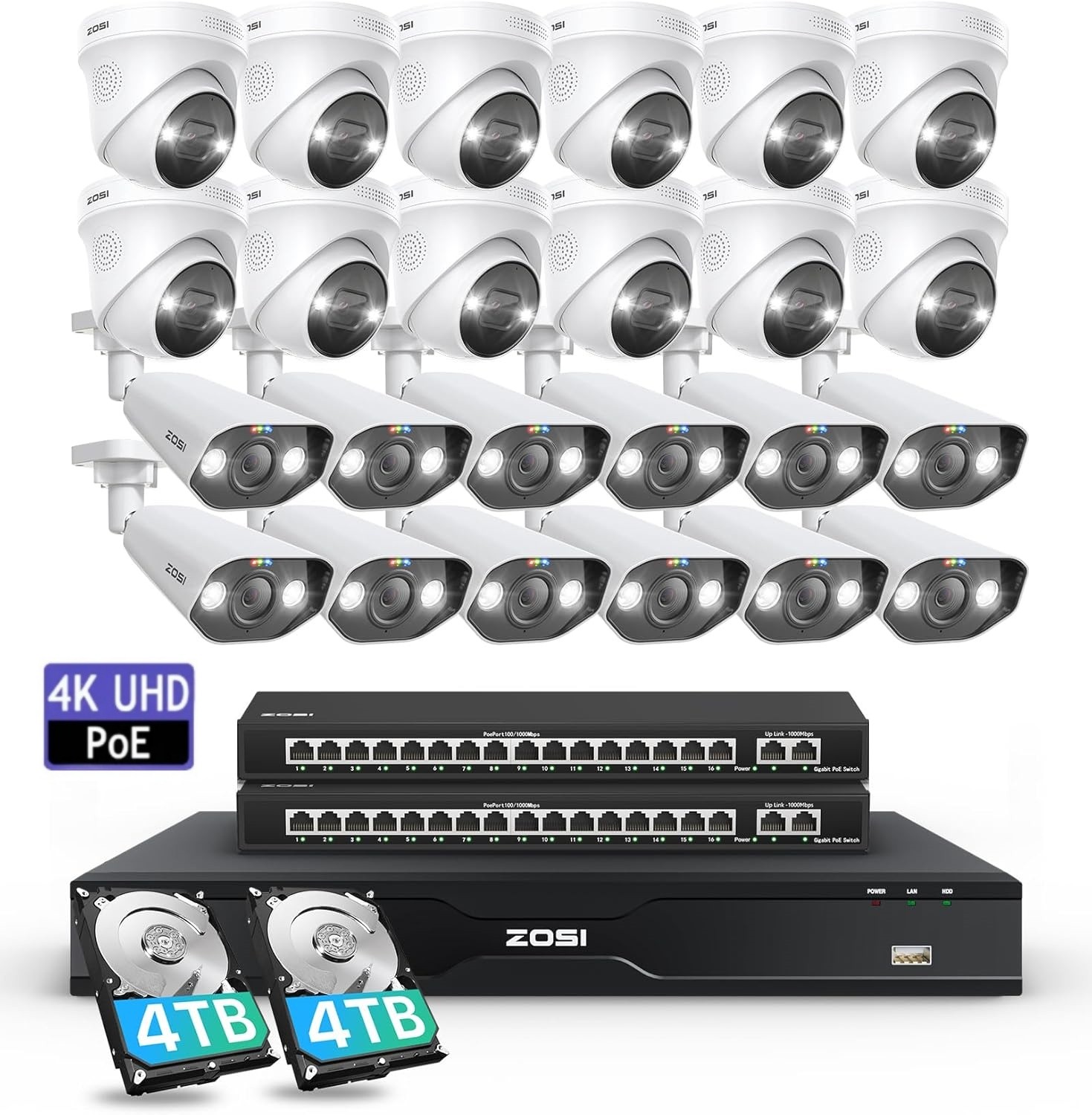 ZOSI 32CH UHD 4K PoE Security Camera System 24X 8MP Outdoor IP Cameras 8TB HDD