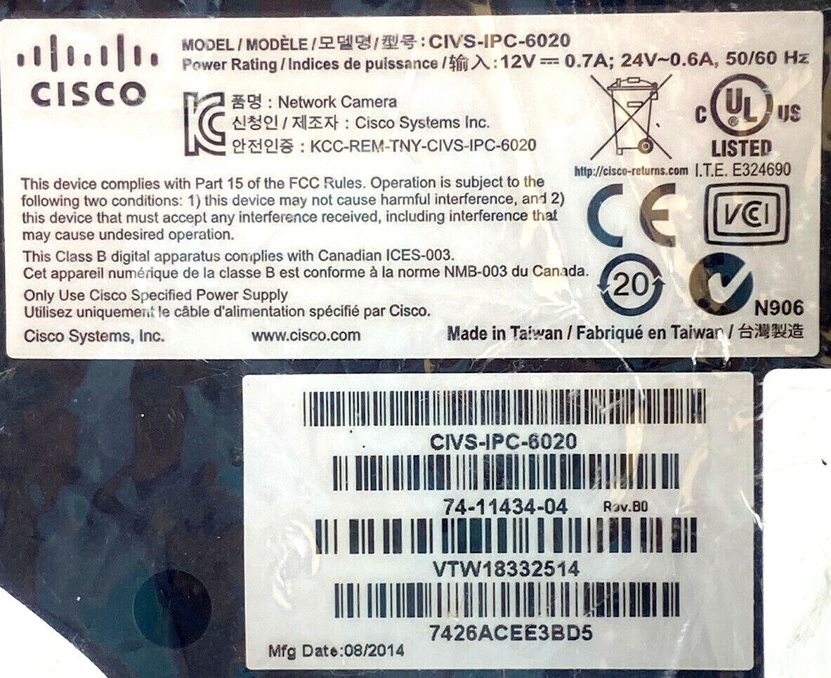 (NEW) Cisco CIVS-IPC-6020 Video Surveillance IP Camera, 74-11434-04