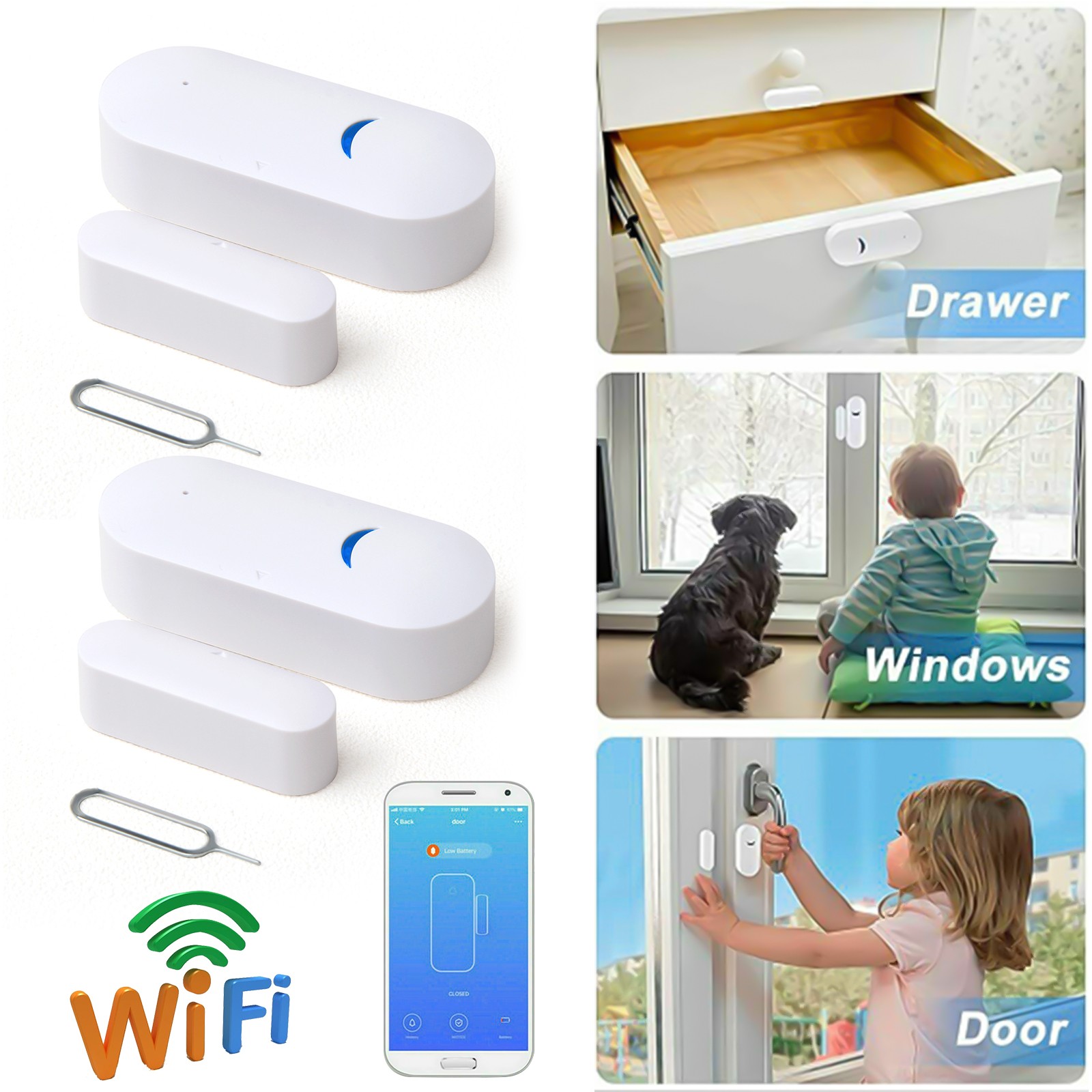 2PCS WiFi Door Window Alarm Sensor, 50m Range Works with Alexa Google Smart Home