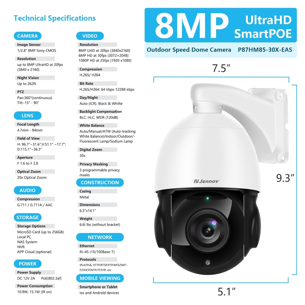 4K 8MP POE PTZ Security IP Camera 20x Optical Zoom IR Human Vehicle Detection