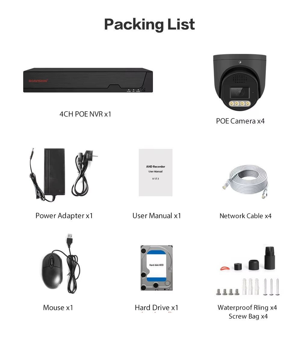 4K 4CH POE NVR 5MP POE Security Camera System Two Way Audio CCTV Outdoor 1TB