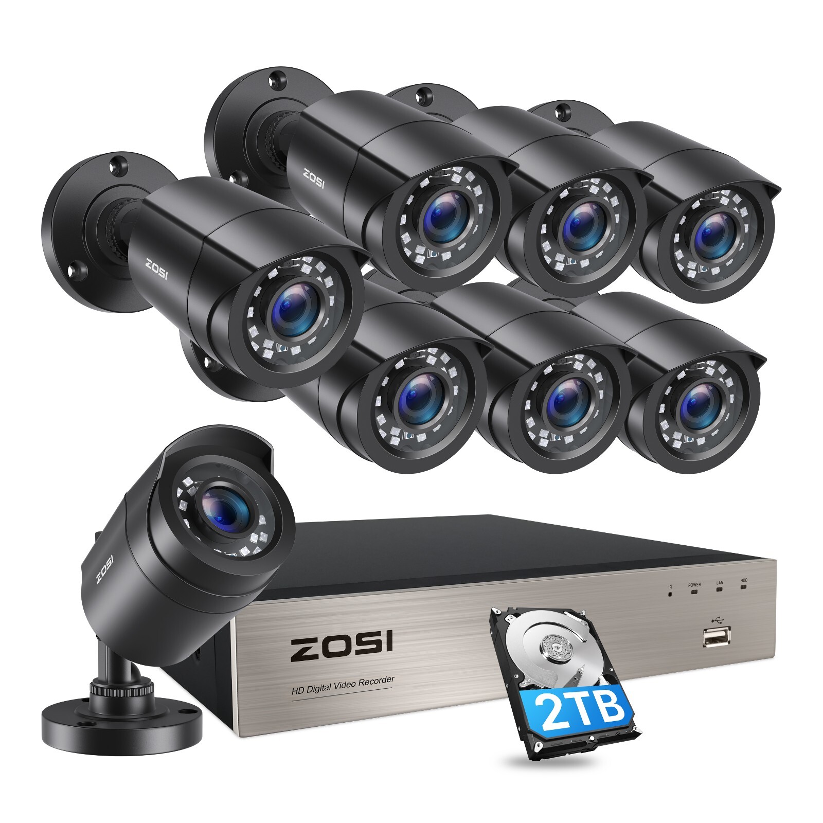 ZOSI 8CH H.265 5MP Lite DVR 1080p Outdoor Surveillance Security Camera System 2T