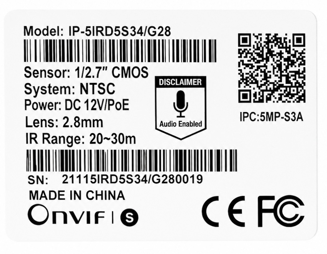 5MP PoE IP Security Camera w/ Audio Night Vision 2.8mm ONVIF HD – NVR Compatible