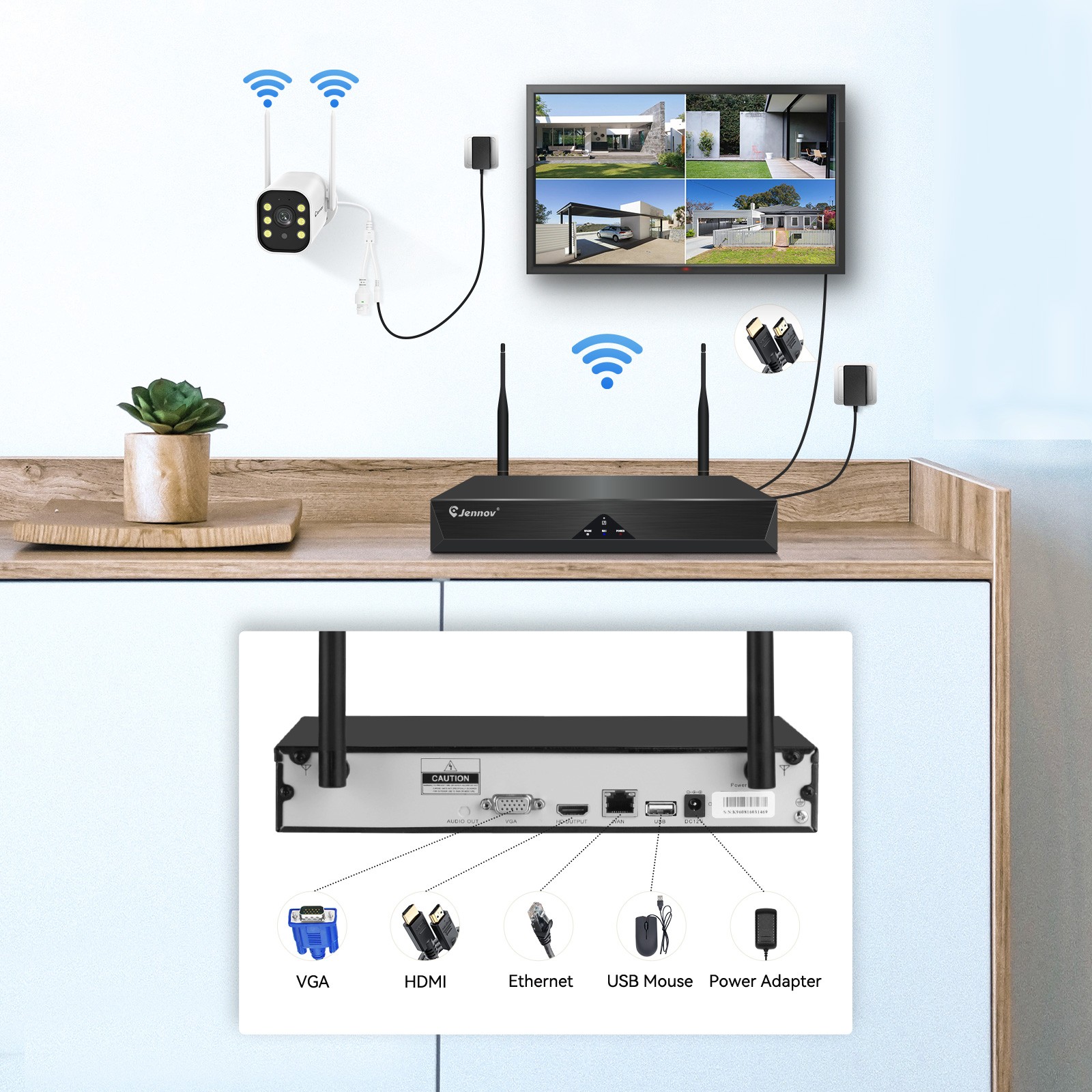 Jennov 5MP Security Camera System Wireless Home Outdoor 12″monitor / NVR 1TB