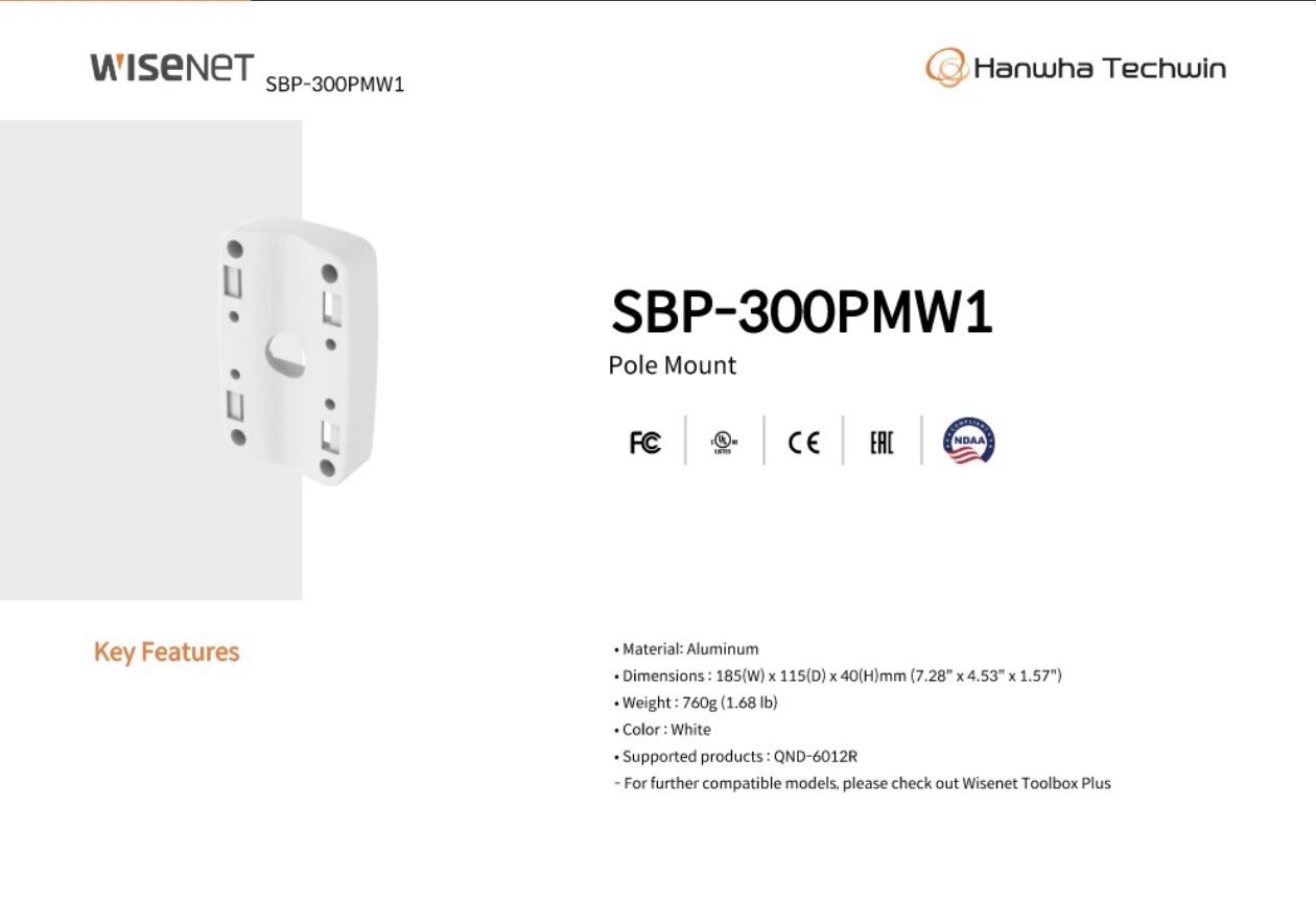 Hanwha Techwin SBP-300PMW1 Pole Mount Adapter Accessory