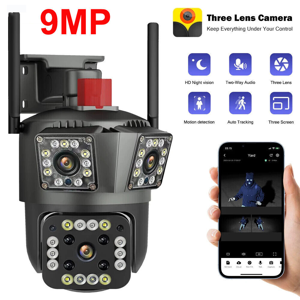 3 Lens 1080P WiFi IP Camera Wireless Outdoor 360° CCTV PTZ Home Security IR Cam