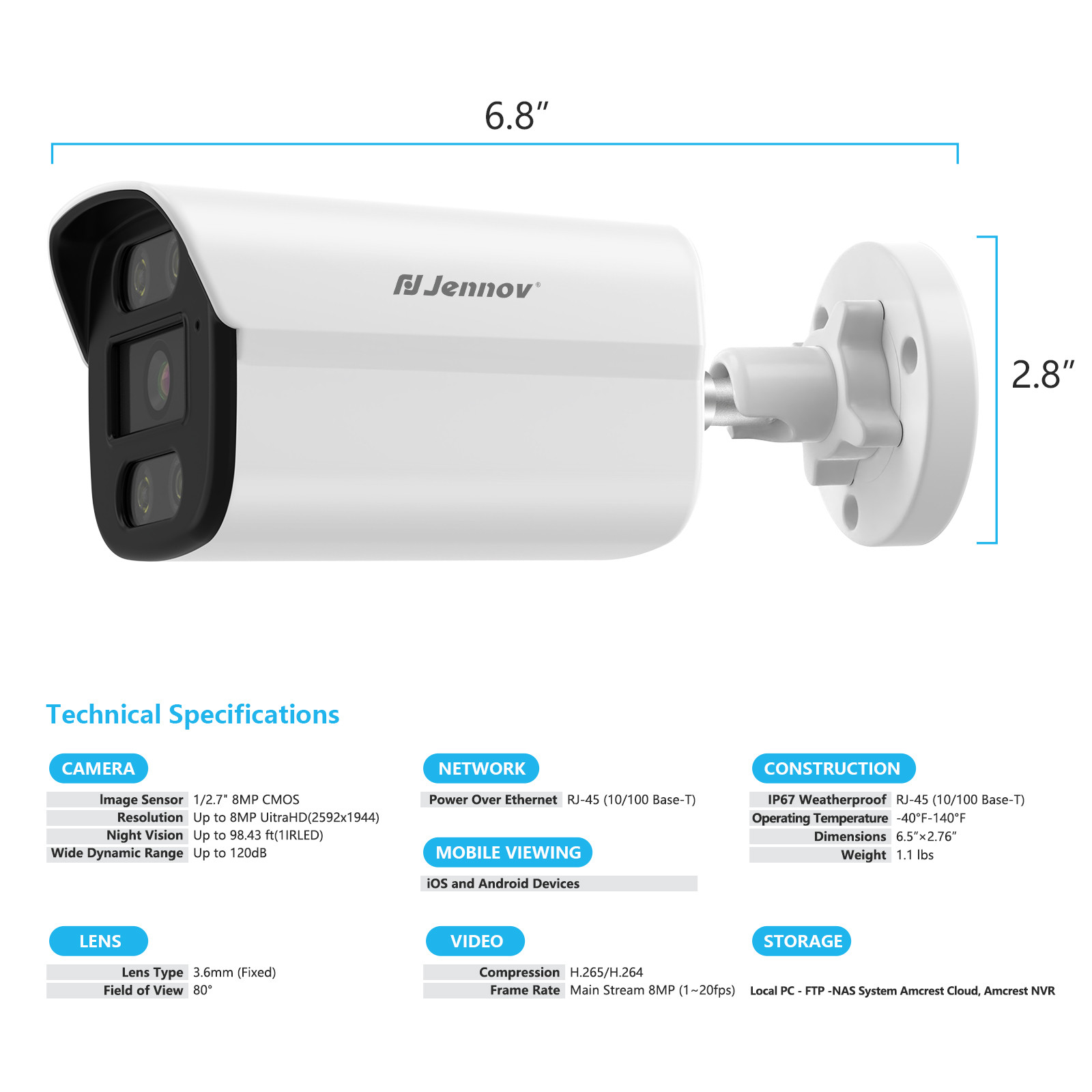 4K 8MP PoE Add-on Security Camera Outdoor Bullet Audio IR Night Vision Camera