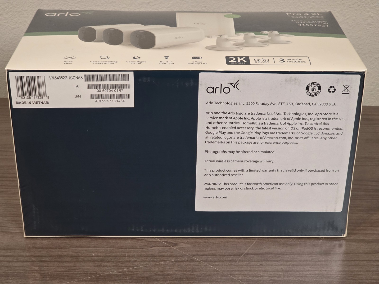 New Arlo Pro 4 XL Spotlight 3 Camera Security Bundle VMS4352P-1CCNAS
