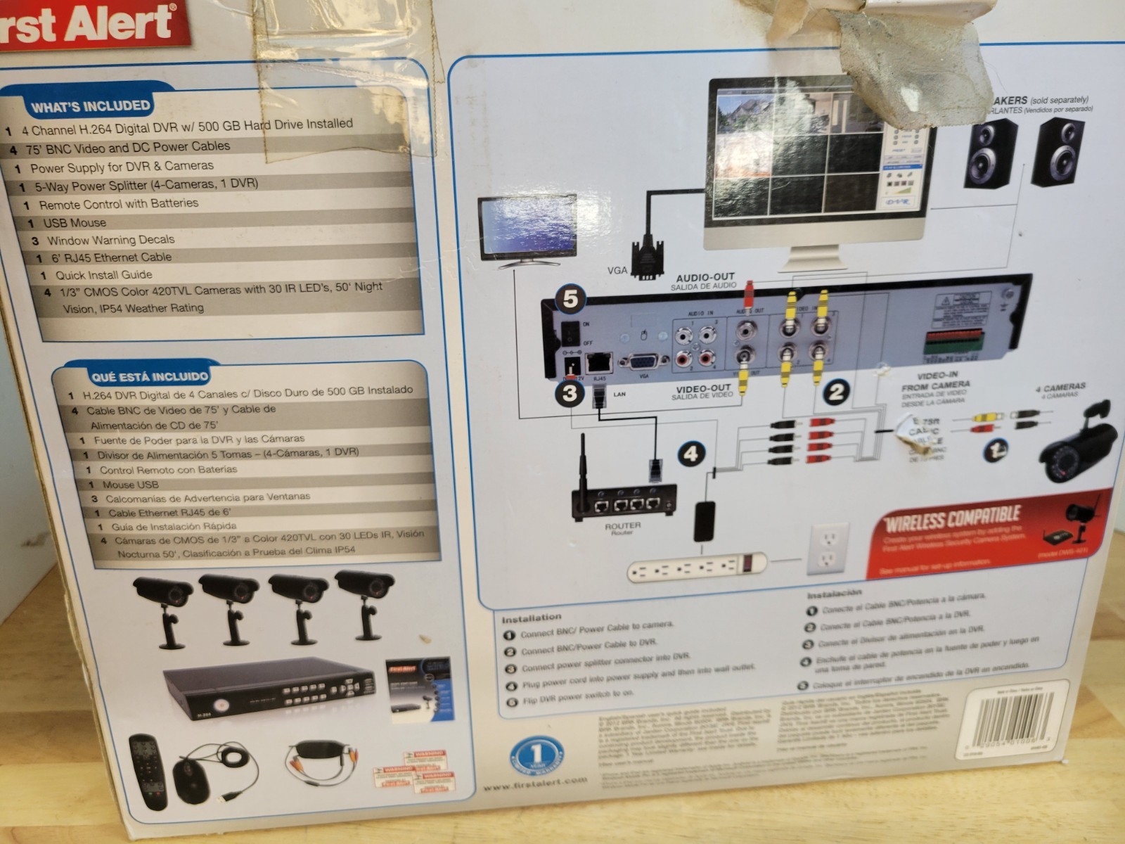 First alert 500gb DVR Security System 4 channel used 3 cameras untested