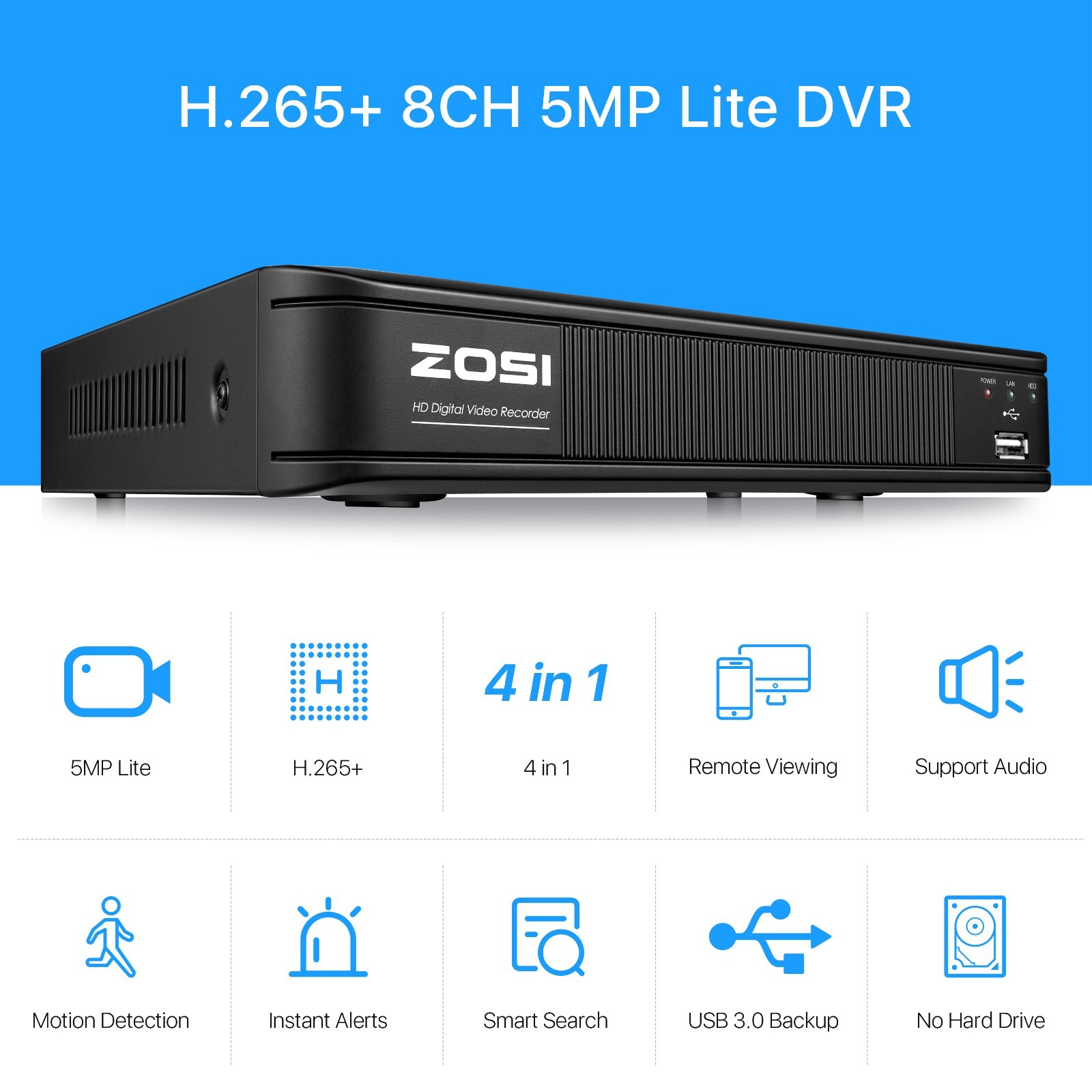 ZOSI H.265+ 8CH 5MP Lite DVR HD-TVI HD Outdoor CCTV 1080P Security Camera System