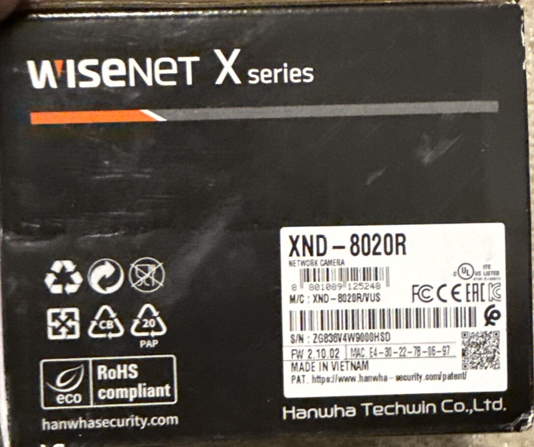 Hanwha Techwin XND-8020R WiseNet 5MP PoE IR IP Security Dome Camera 3.7mm Lens