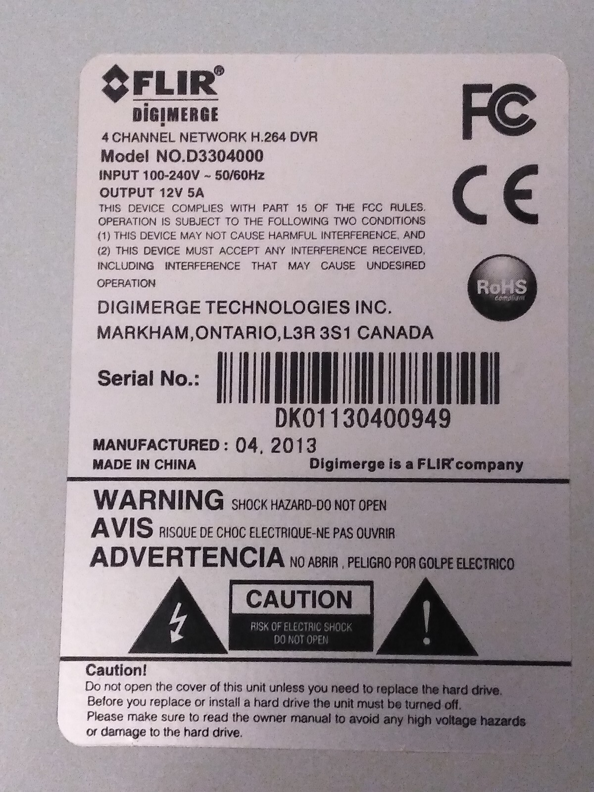 FLIR DIGIMERGE D3304000 4 CHANNEL Network H.264 ANALOG DVR