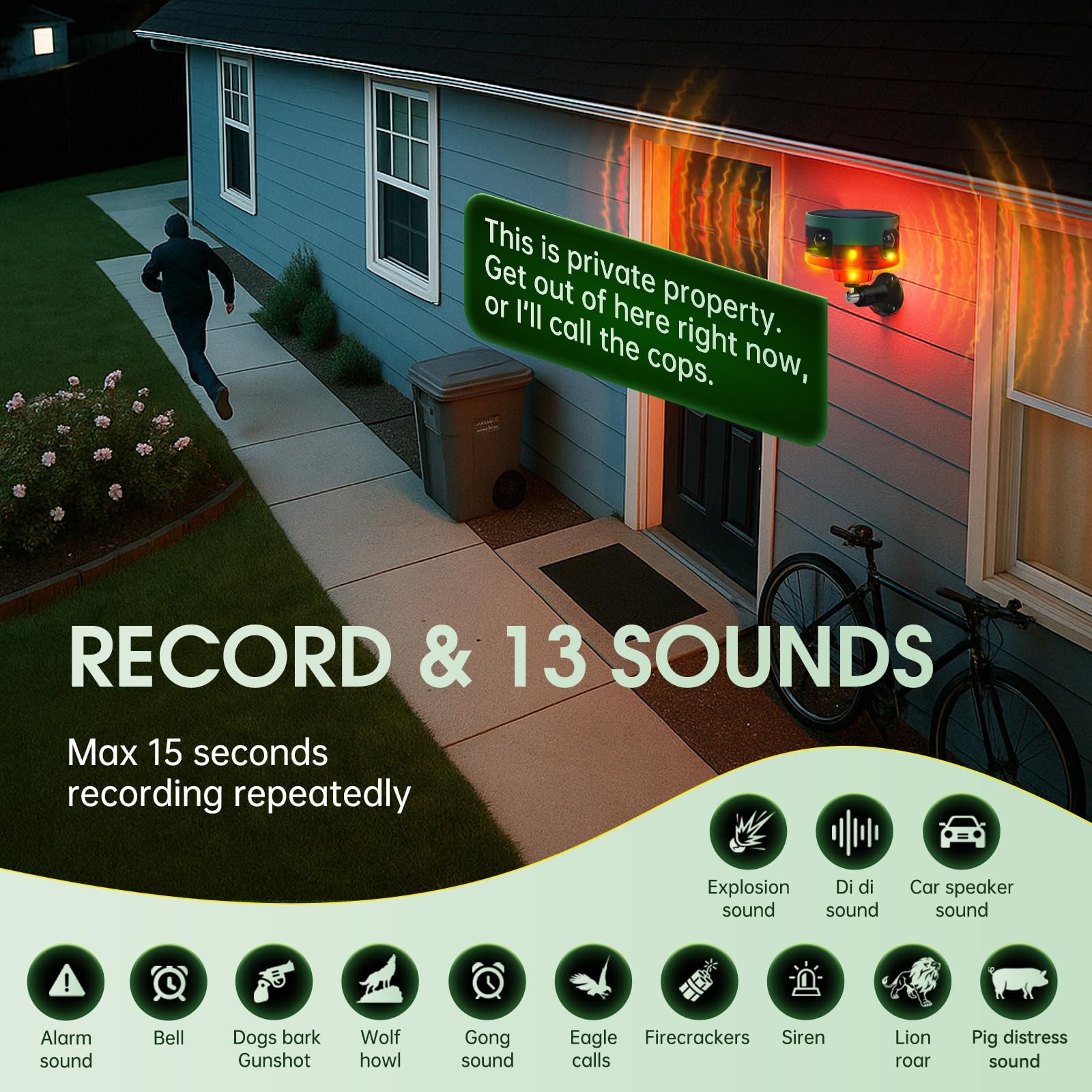 Solar Outdoor Motion Sensor Alarm, 130dB Dog Barking & Gunshot Sound, 13 Soun…